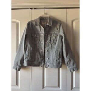 Old Navy Women's Denim Jacket Blue White Railroad Stripe Size Medium NWOT